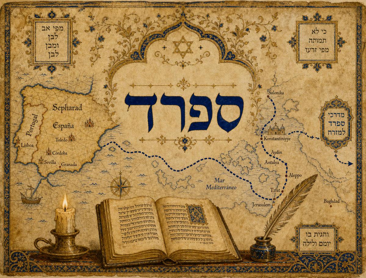 Illuminated manuscript page with Hebrew calligraphy of 'Sepharad' and a vintage map of the Iberian Peninsula